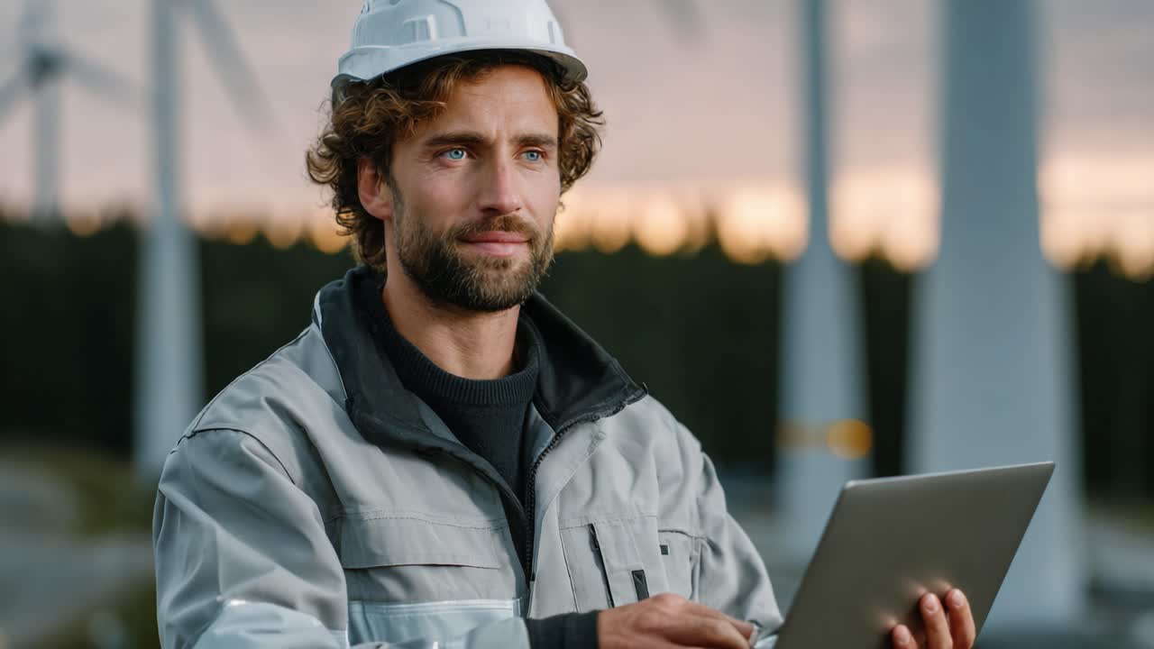 A Wind Energy Technician Utilizing a Tablet to Monitor Performance and Operations at a Wind Farm During Sunset, Showcasing Sustainable Technology and Renewable Energy Solutions