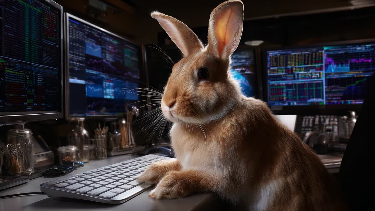 A Clever Rabbit Engages in High-Tech Analytics at a Computer Station Surrounded by Data Streams and Financial Charts, Demonstrating an Unexpected Blend of Nature and Technology in a Captivating Context
