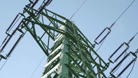 power lines and high voltage pylon - low angle dolly shot, closeup