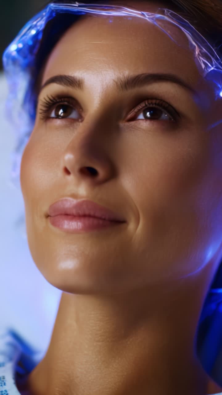 Un primo piano accattivante di una donna serena durante un trattamento viso, illuminata da luci blu soffuse, che mette in risalto la pelle luminosa e la serenità nella cura della bellezza