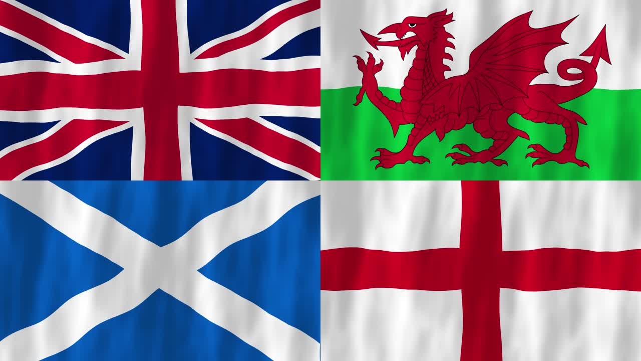 Great Britain flags country animation 3D symbol waving in wind movement national patriotism world culture emblem banner republic UK Wales Scotland England United Kingdom