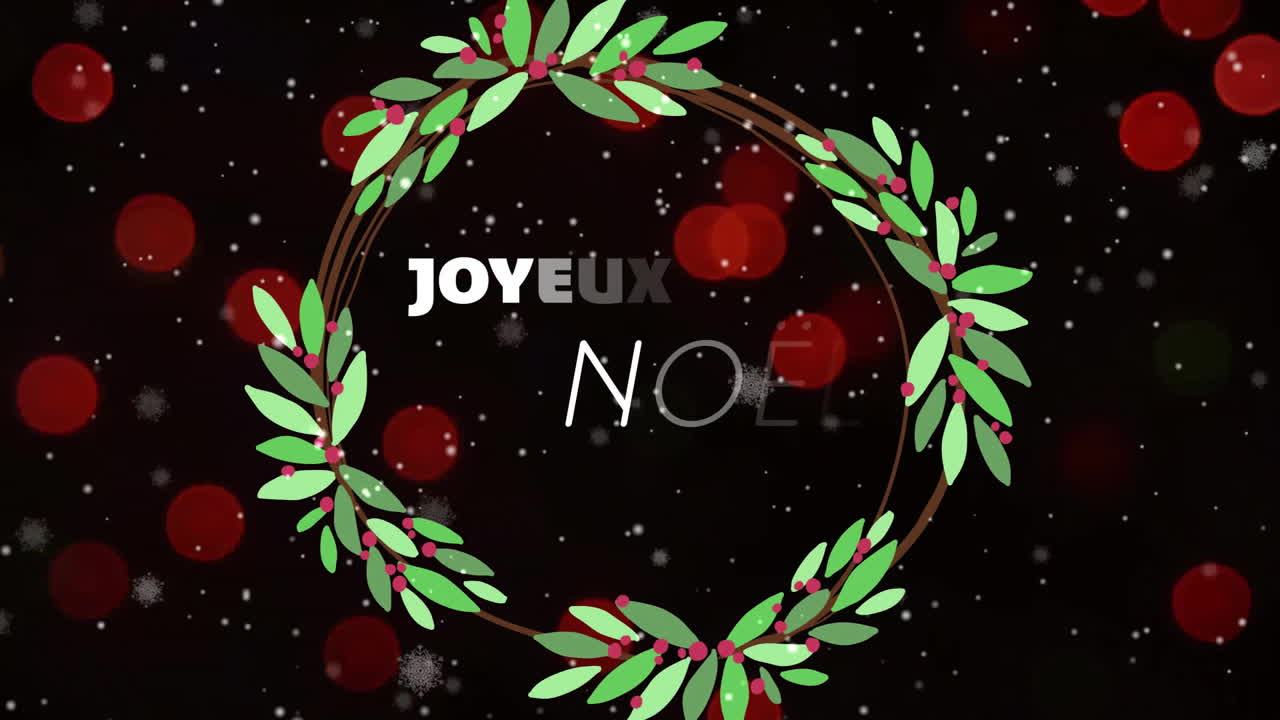 animación de texto de joyeux noel y nieve cayendo sobre luces de punto sobre fondo negro