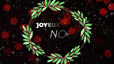 Animación-Del-Texto-Joyeux-Noel-Y-Nieve-Cayendo-Sobre-Focos-Sobre-Fondo-Negro