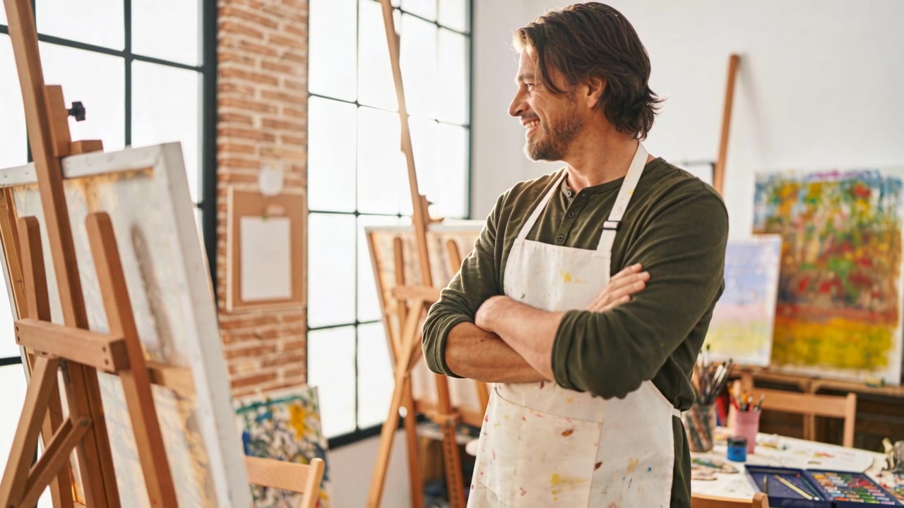 Artista con grembiule macchiato in studio che nota un dettaglio, sorride e valuta la tela sul cavalletto, spazio per il testo.
