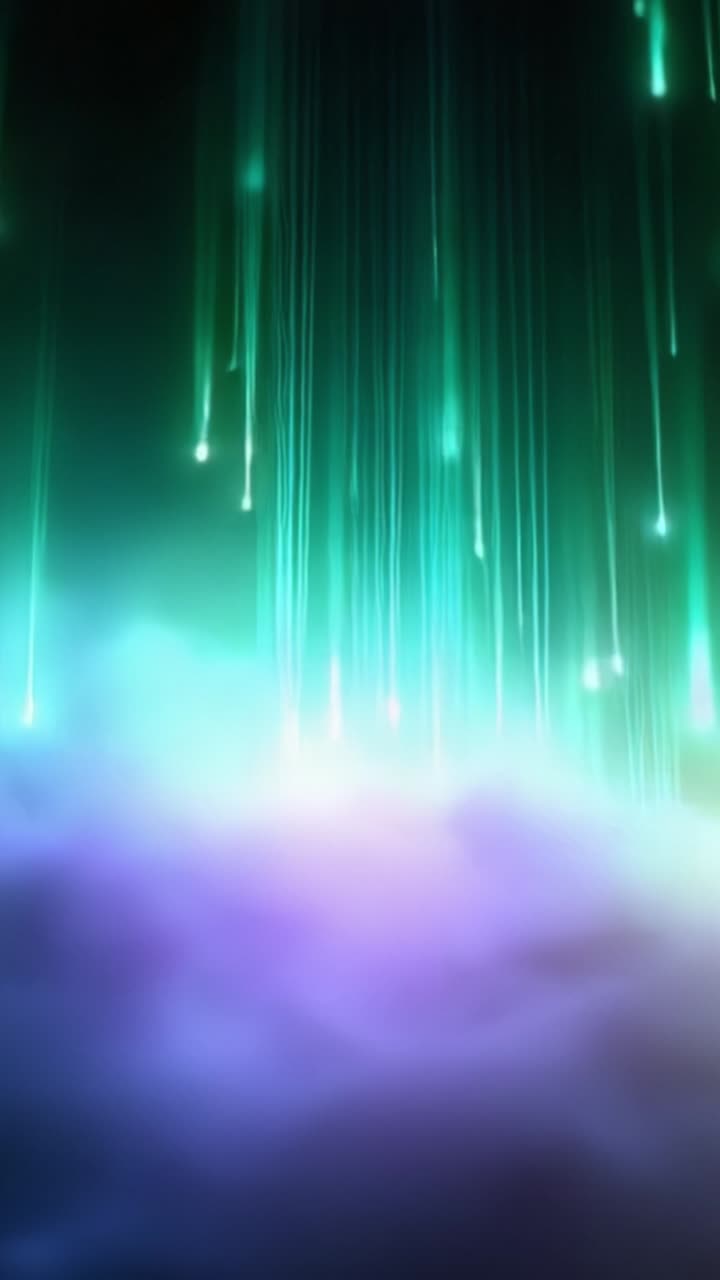 Mesmerizing Green Light Effects with Ethereal Glow and Sparkling Particles Dramatically Falling Against a Dark Background in a Dreamlike Atmosphere