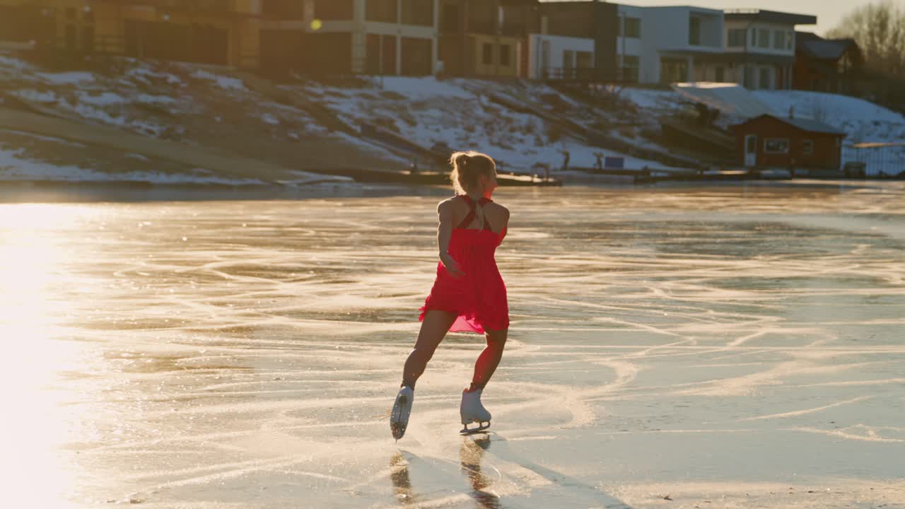 Woman Ice Skating on Frozen Lake