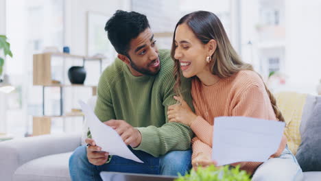 home, documents and happy couple on sofa