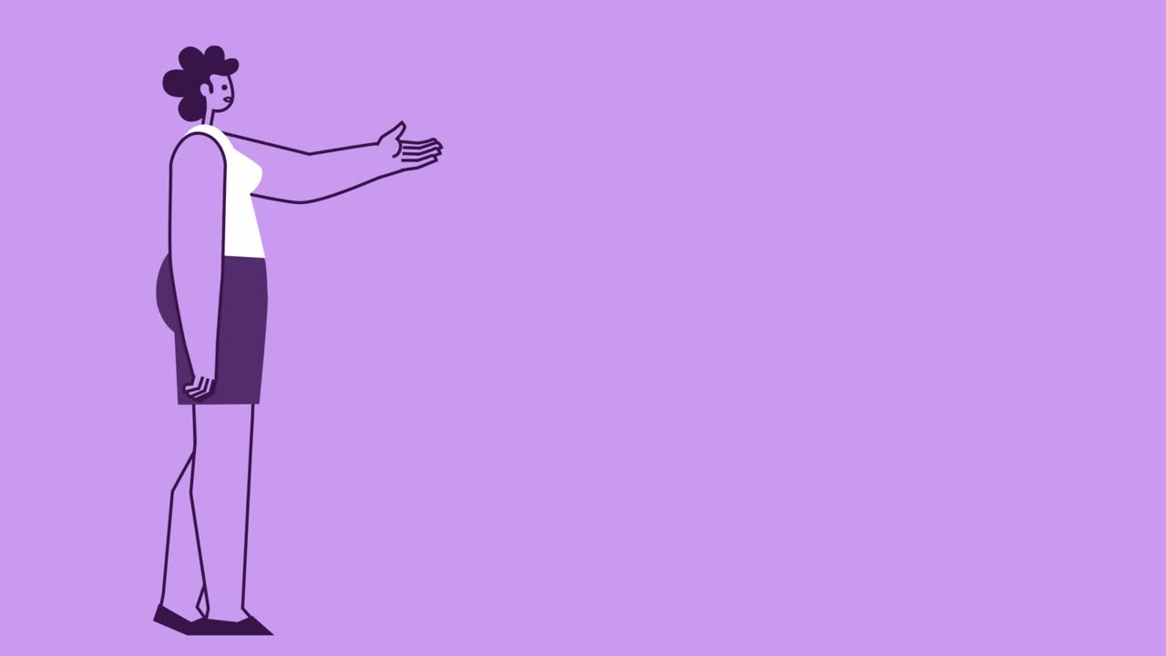 estilo púrpura mujer personaje plano dice y demuestra en fondo púrpura. animación de bucle aislado con canal alfa