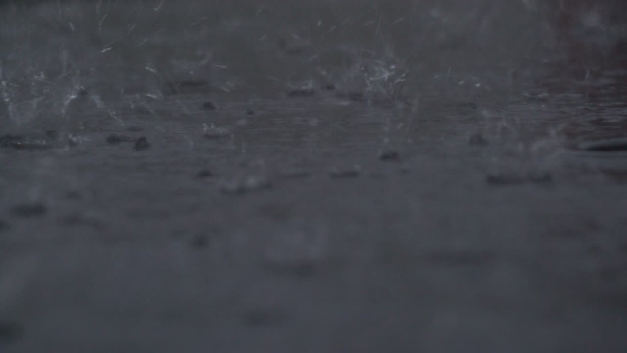 Raindrops splashing in a puddle during heavy rain