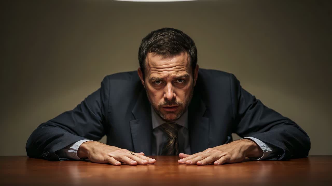 Hombre de traje enderezándose y apoyado en una mesa de madera iluminada, corbata y anillo a la vista