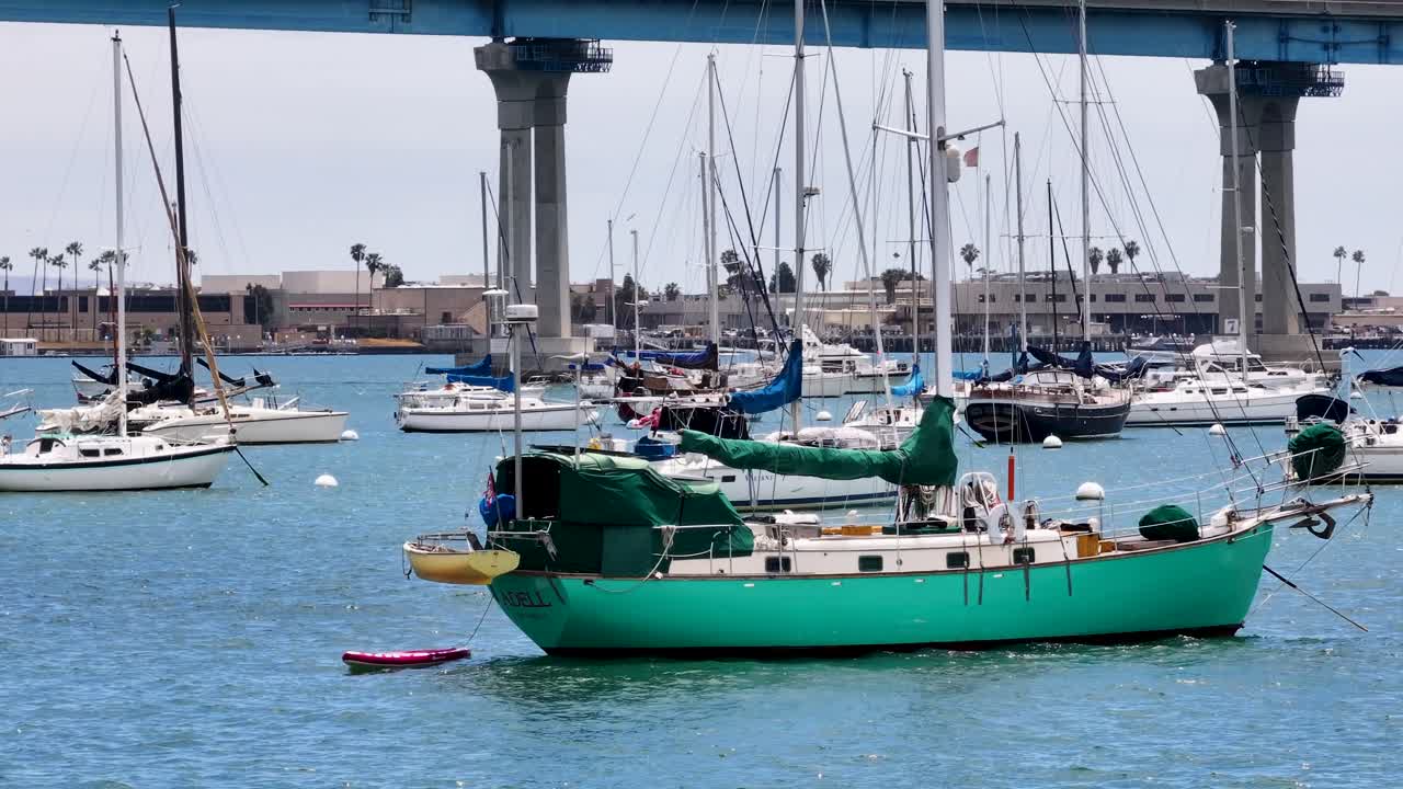 Zoomed in aerial view of sailboats Mooring next to Coronado Bridge on a sunny day