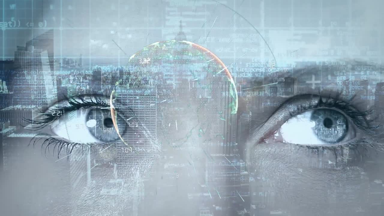 animazione dell'elaborazione dei dati sugli occhi e sulla città.