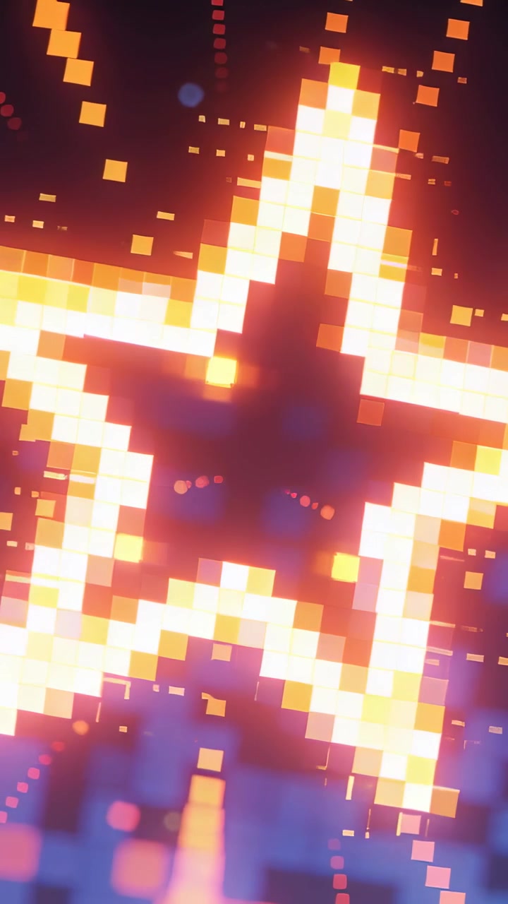 Video verticale: Grande stella pixelata pulsante che si espande e invia frammenti mentre il loop inizia in un set al neon.