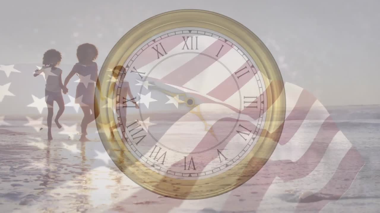 미국 국기 위에서 시계가 는 애니메이션과 아이들과 함께 아프리카계 미국인 여성