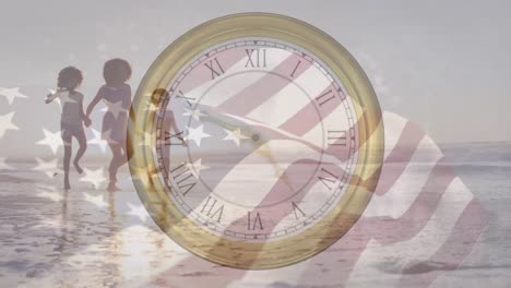 animation of clock ticking over flag of usa and african american woman with children