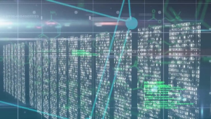 Animation of red pattern, cube and scientific data processing over computer servers