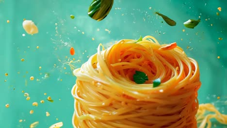 a close up of a bunch of spaghetti with orange juice splashing out of it