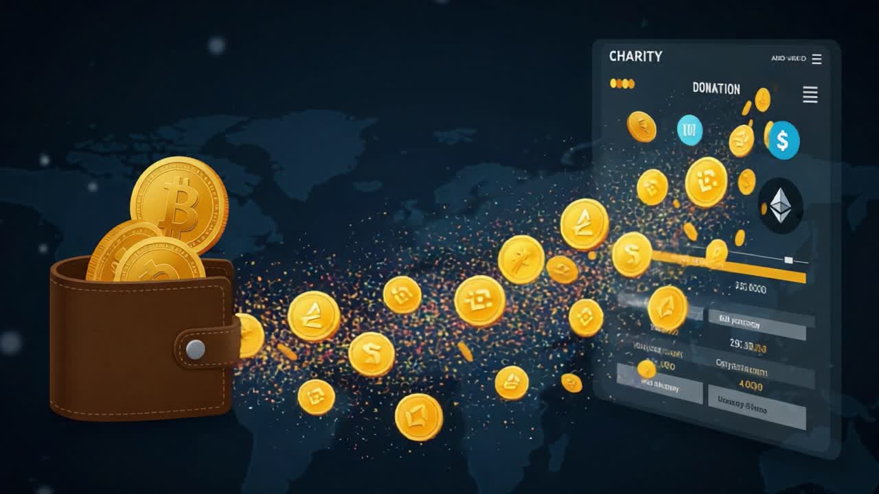 Visual Representation of Digital Currency Donation Process with Wallet and Cryptocurrency Coins Flowing Towards a Donation Interface