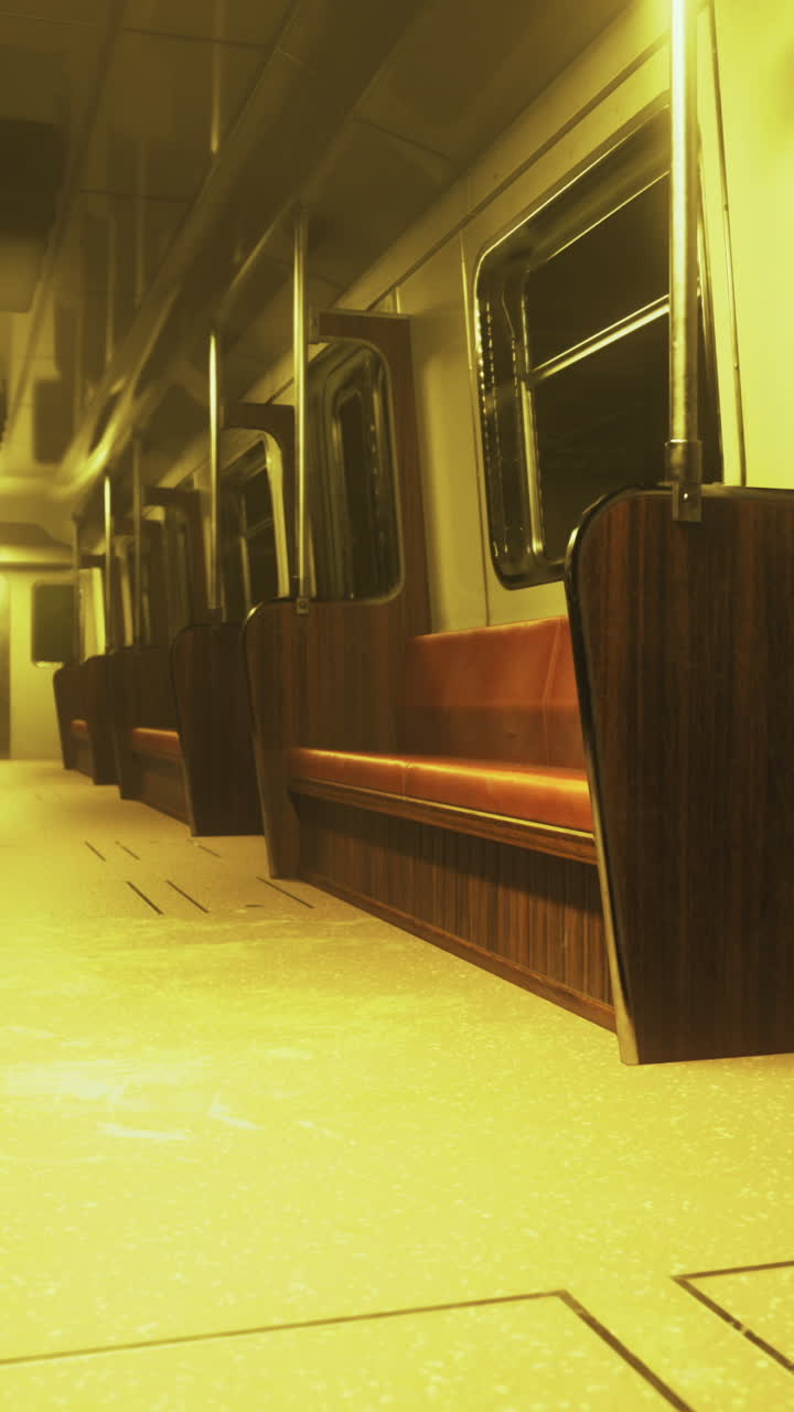 Illuminated subway car with warm lights casting a golden glow at dusk