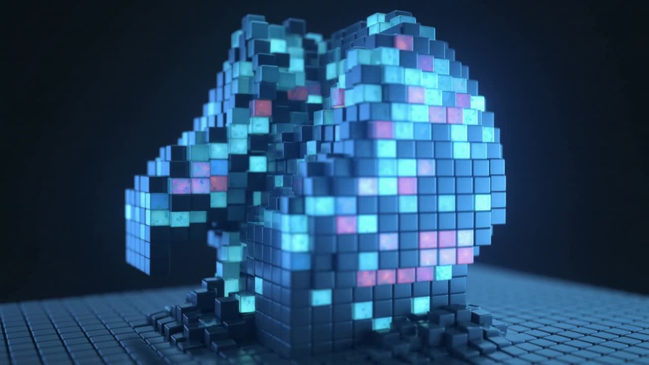 Voxel cluster activating, rising on tiled base, extending left, cascading cubes for tech demo
