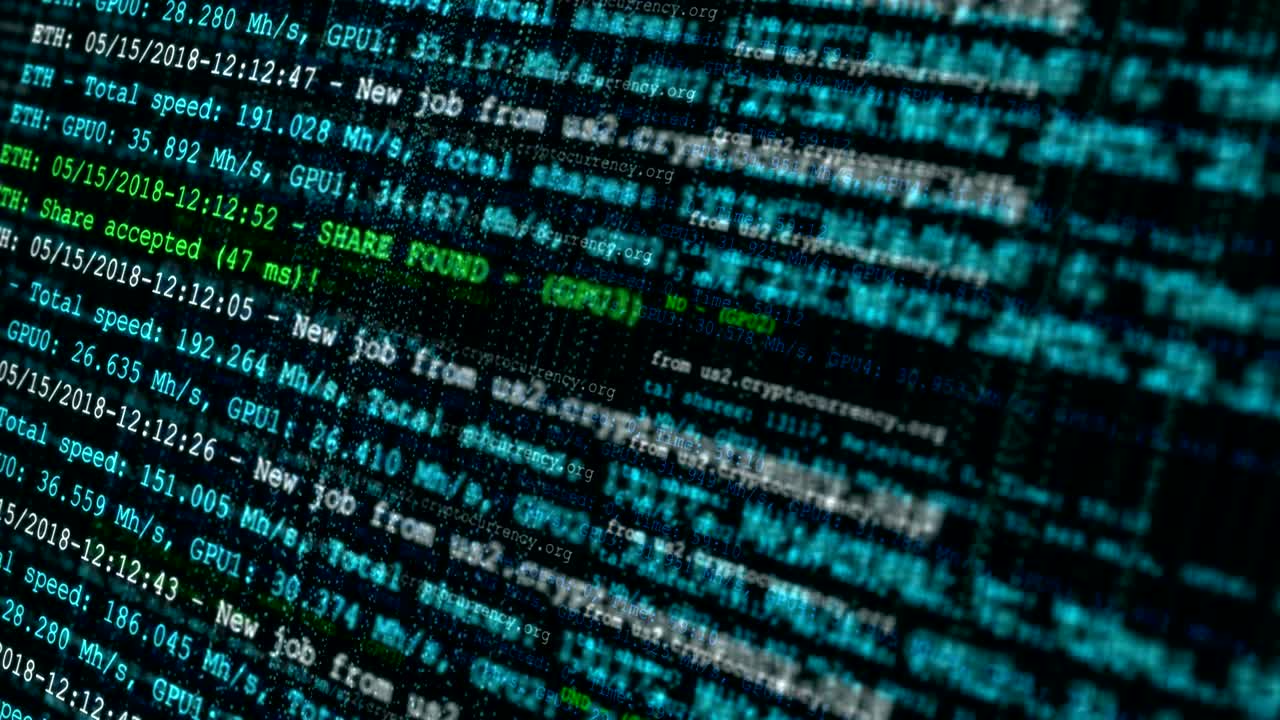 Seamless loop animation of cryptocurrency mining process.