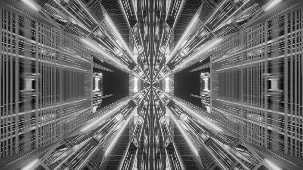 moviéndose lentamente dentro de un túnel reflectante gris, blanco y negro y una escalera mecánica en el suelo, ciencia ficción gráfica en movimiento