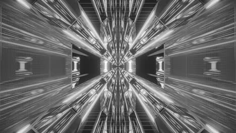 moving slow inside grey, white and black reflective tunnel and escalator on ground, motion graphic sci fi