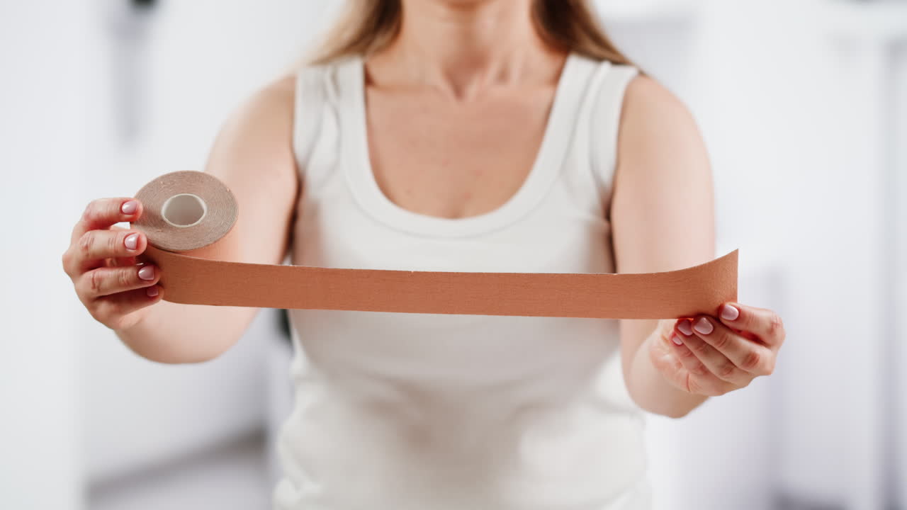 Kinesiology medical taping, doctor Physical therapist applying elastic surgical tape to patient body, treating injured knee young athlete.Post traumatic rehabilitation, sport physical therapy recovery