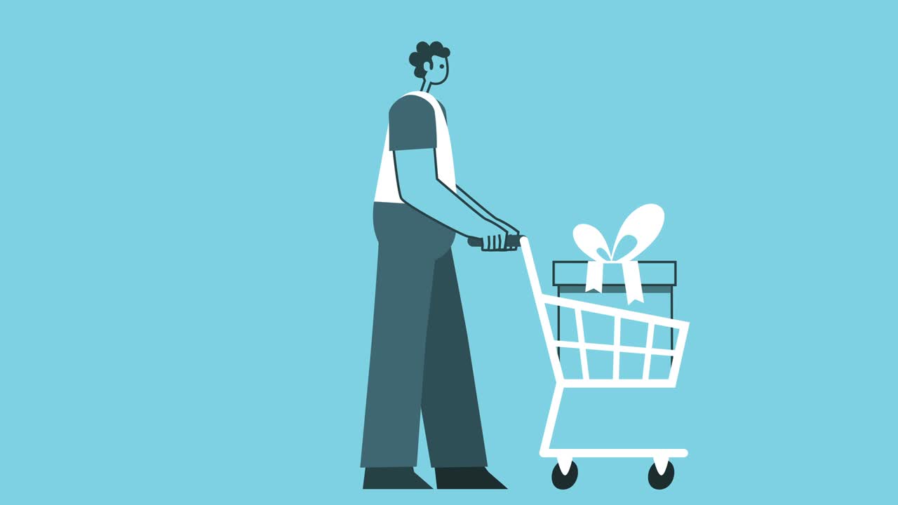 diseño gráfico hombre audaz personaje ciclo de caminata con caja de regalo en el carrito de compras circuito aislado animación 2d. luma mate.