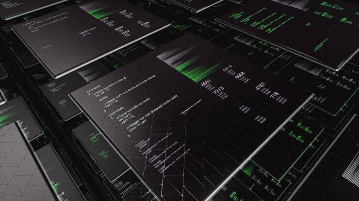 Abstrakt digitalt interface med kode og datavisualisering