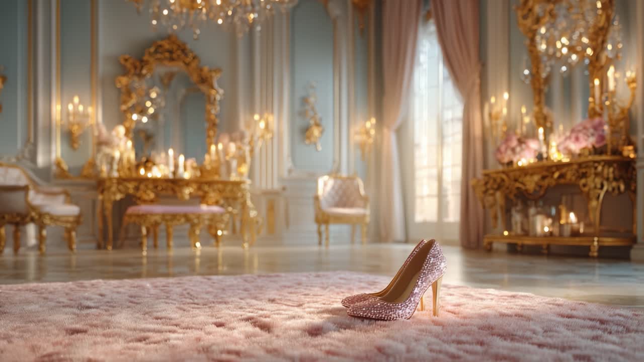 A Glamorous Pink Stiletto Stands Out Elegantly on Plush Carpet in a Lavishly Decorated Room Filled with Golden Fixtures and Elegant Details