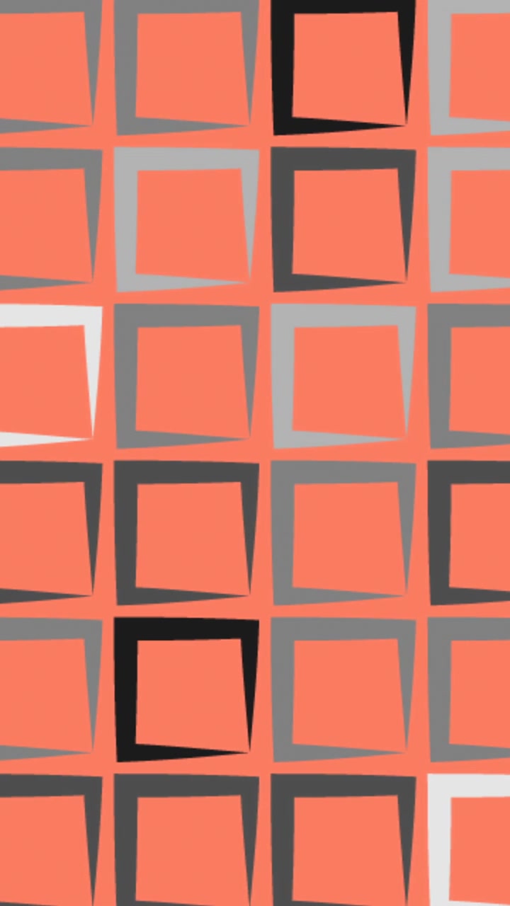 Digital animation of multiple grey square shapes moving against orange background