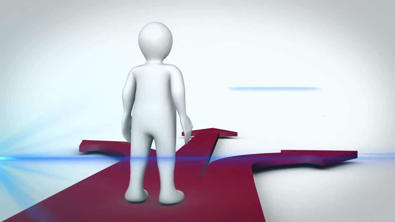 디지털 인간과 화살표 위에 빛의 점의 애니메이션