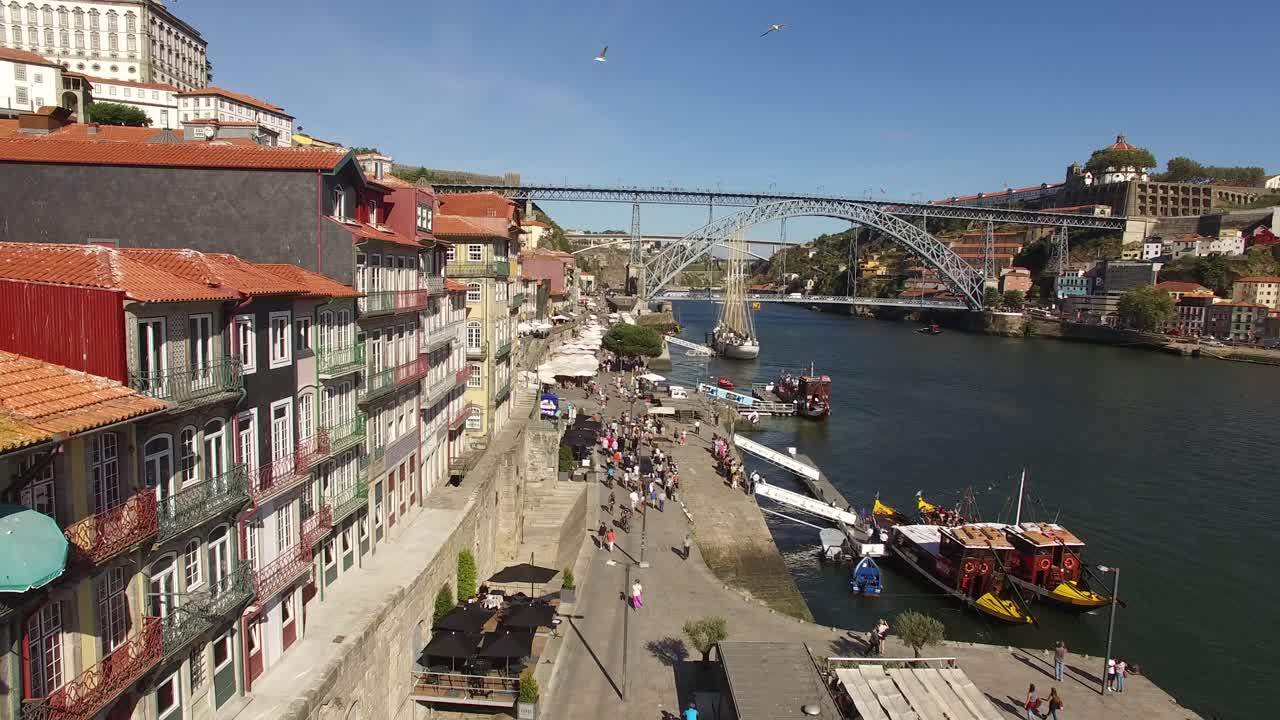 vista panorámica de porto con el famoso puente dom luis i, el río duero y las casas de ribeira
