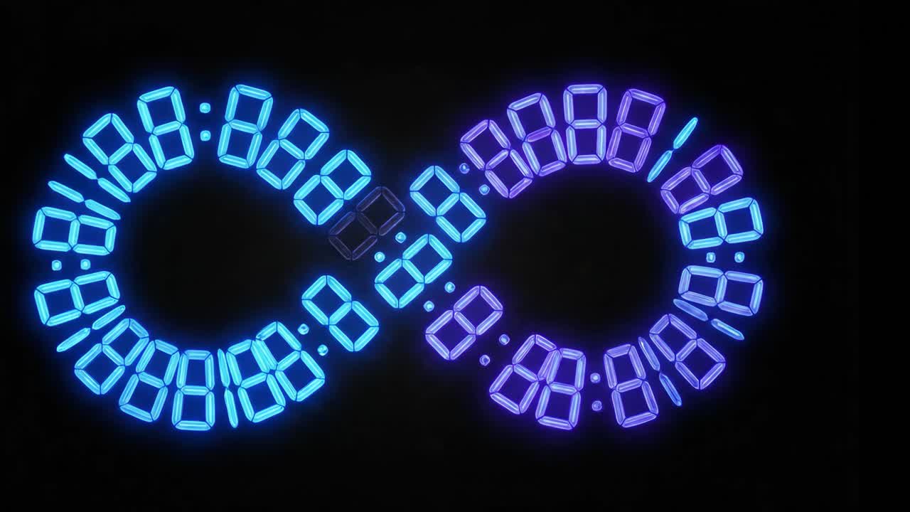 Glowing Digital Clock Numbers Forming an Infinity Symbol