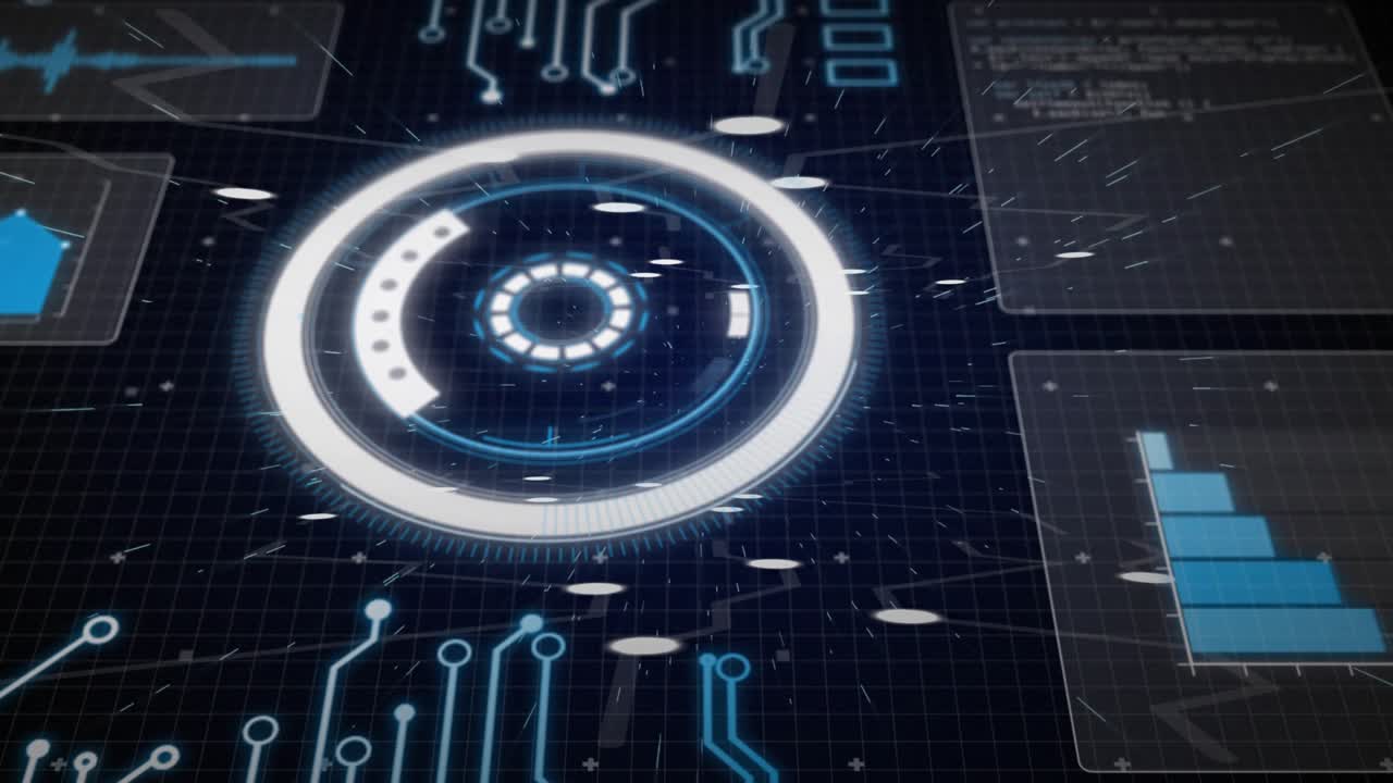 Central HUD lighting on activation, rotating and pulsing in dashboard, panels updating showing data