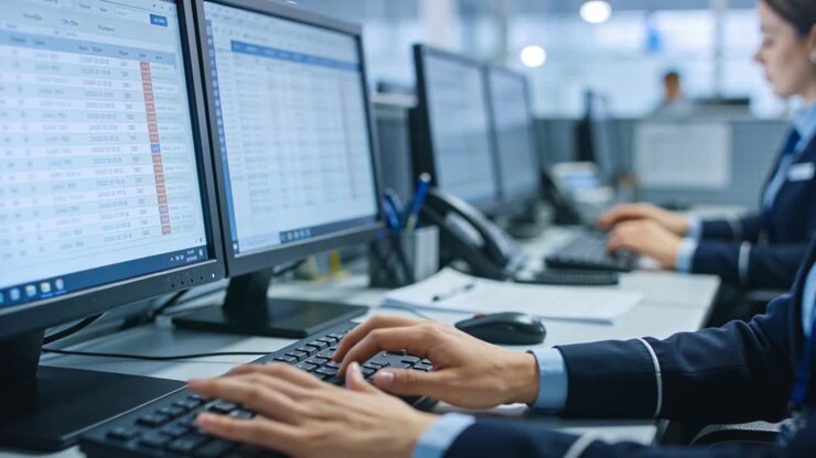 Typing worker's forearms and hands in dark blazer updating spreadsheets on monitors in office