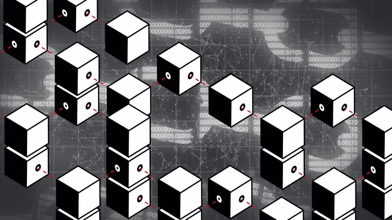 연결 네트워크와 검은색 배경에 대한 보안 체인 아이콘을 통해 여러 큐브 블록
