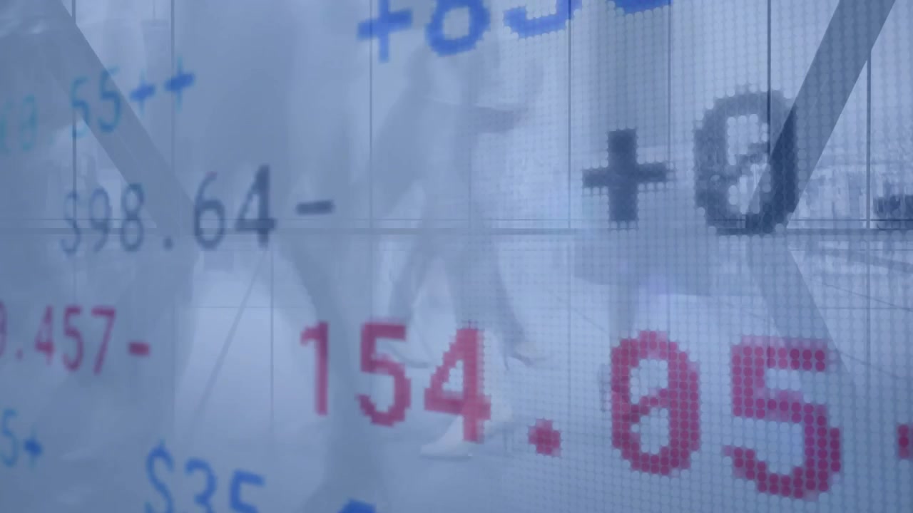 High-rise office showing skyline via glass panels with pixelated stock-market figures overlaying