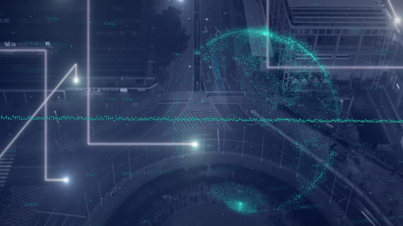 도시 풍경 위의 지구와 데이터의 애니메이션