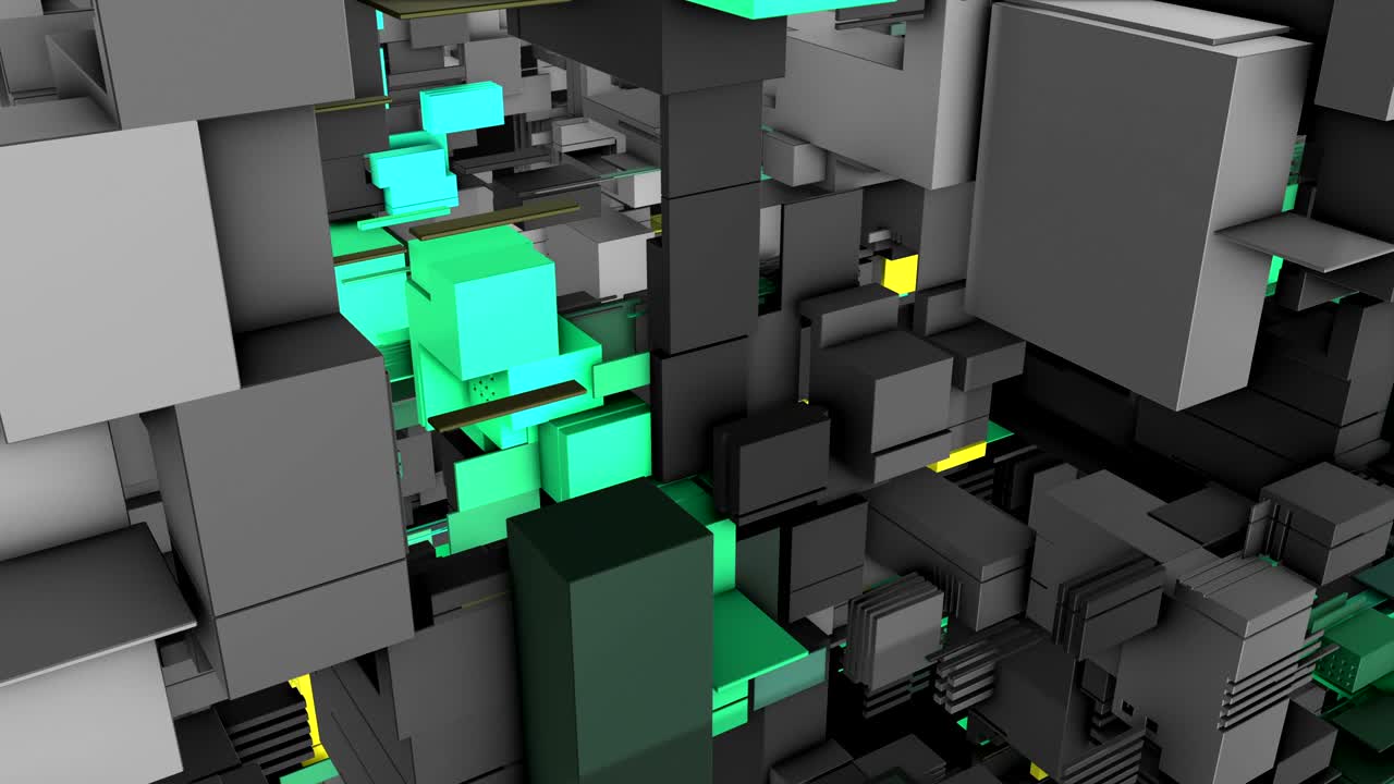 representación 3d abstracta de la superficie con cubos aleatorios y formas electrónicas.
