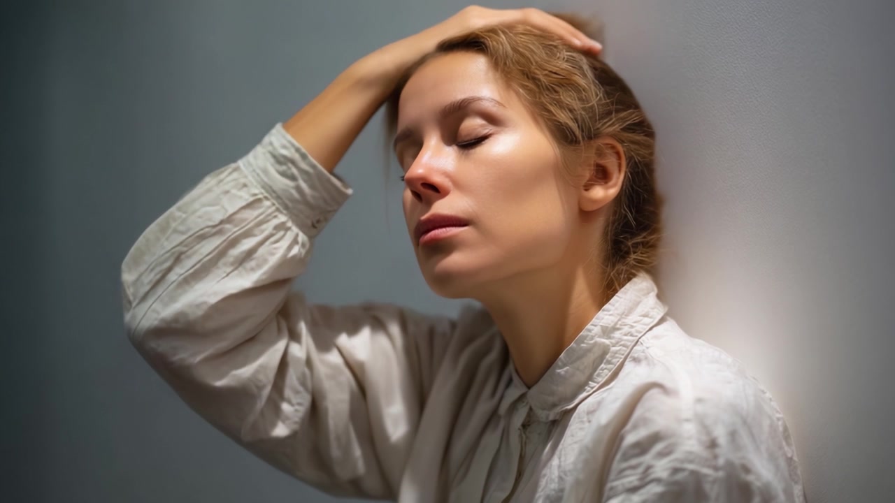 Una donna che vive un momento di introspezione e tranquillità, appoggiata a un muro con gli occhi chiusi, trasmettendo emozioni profonde e un senso di pacifica solitudine