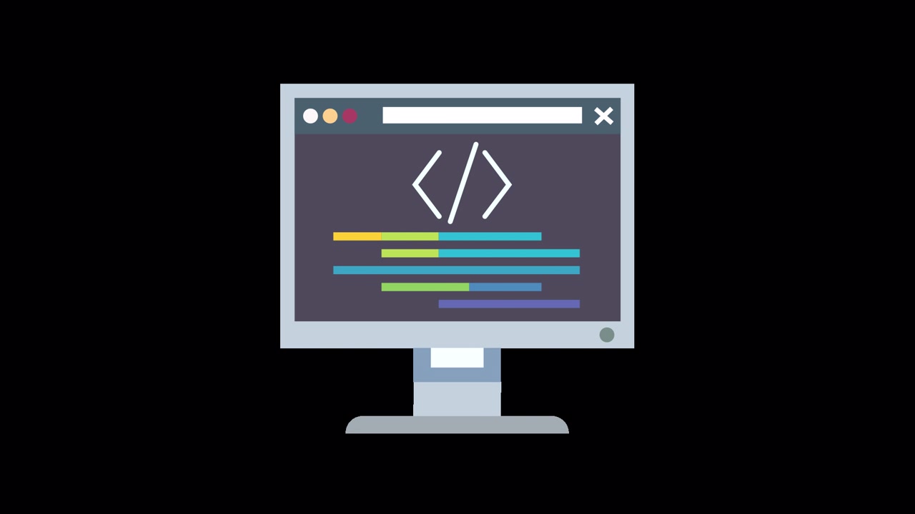Animeret computerskærm, der viser kode og programmeringssymboler