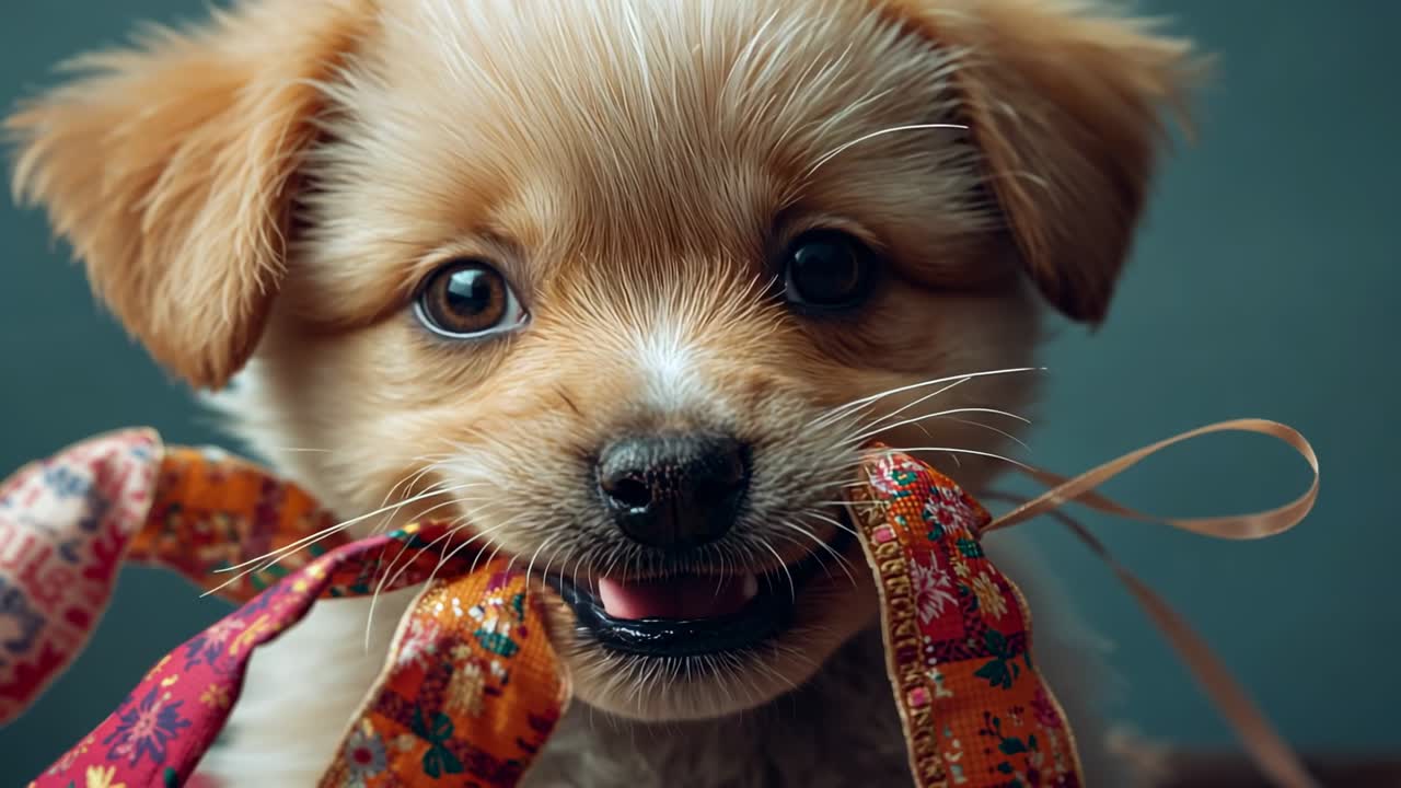 Backdrop appearing with brown puppy gripping red-orange ribbon for playful chewing at studio