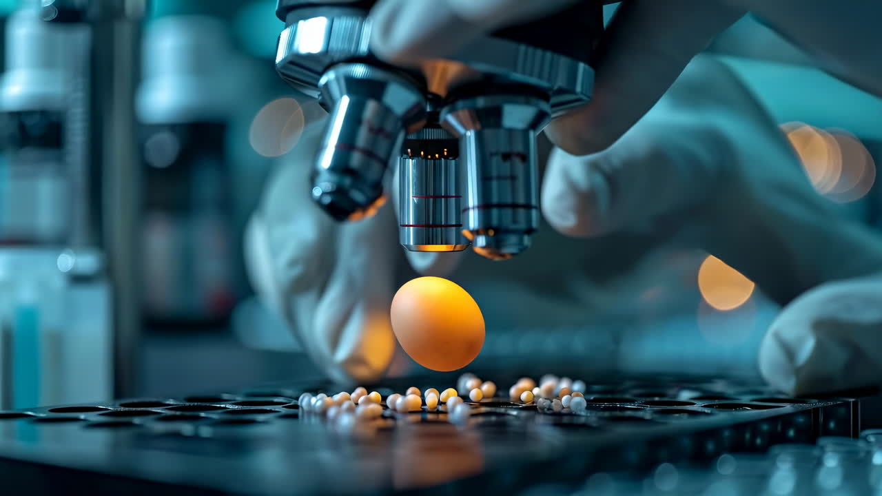 Study of eggs under microscope setup. Scientists examine a floating egg using a microscope in a modern laboratory at a research facility