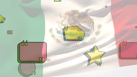 animation of flag of mexico blowing over floating empty speech shapes