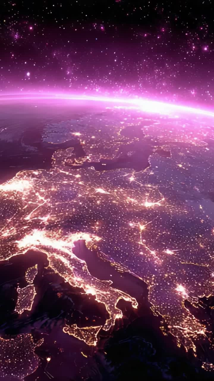 Una prospettiva mozzafiato dell'Europa di notte: le luci ipnotiche delle città e l'orizzonte cosmico avvolgono la Terra in un bagliore celeste