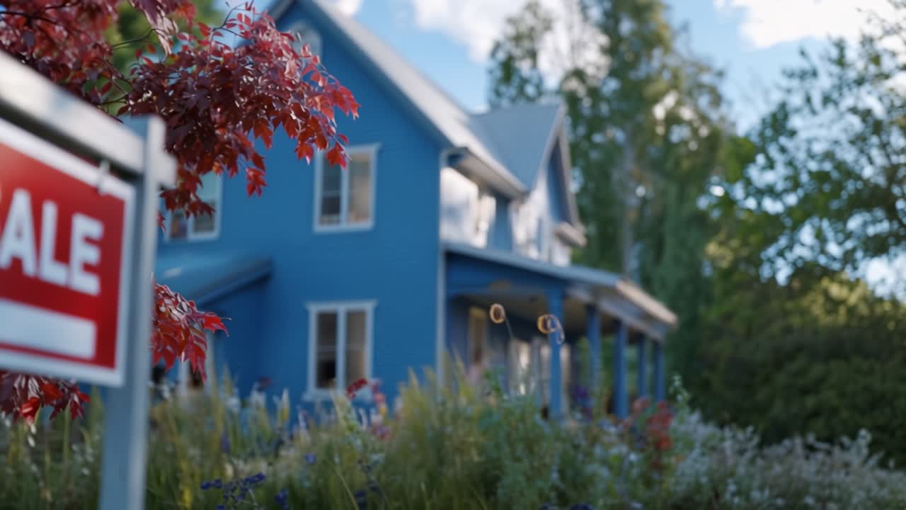 Charmerende blåt hus til salg omgivet af levende flora og frodigt grønt i et fredfyldt kvarter – Perfekt mulighed for nye boligejere.