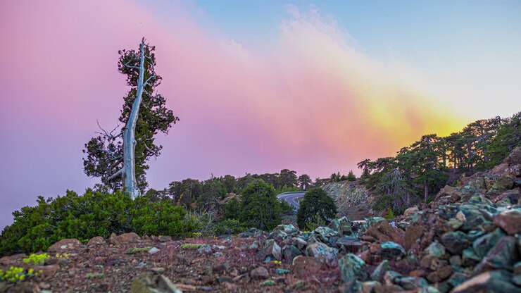 Tomada de ângulo baixo do movimento das nuvens em time-lapse ao longo da encosta rochosa do Monte Olimpo na Localidade Christakis, no Chipre.