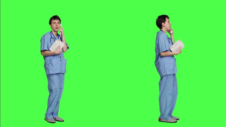Assistente medico che parla con i pazienti su una telefonata fissa in studio